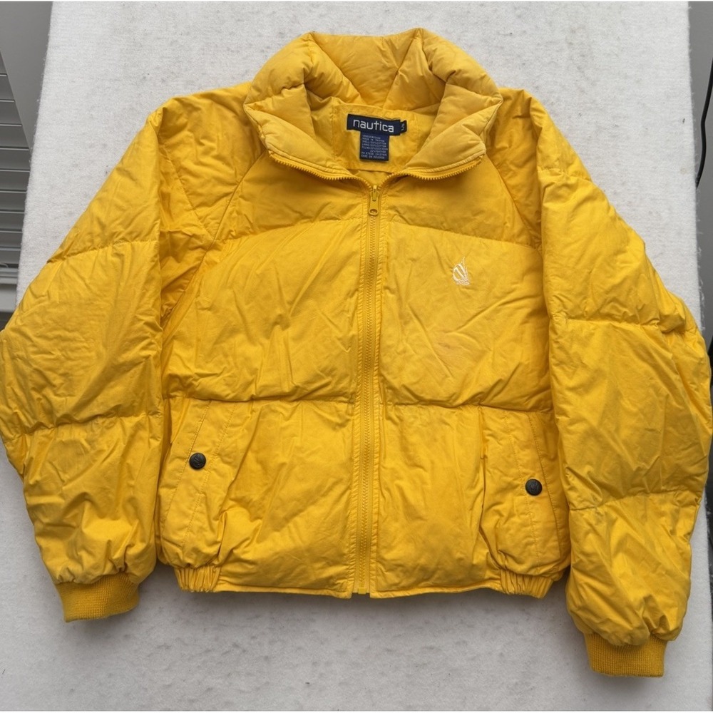 Vintage Nautica Puffer Jacket Men's L 100% Cotton Duck Down Yellow 90s RARE